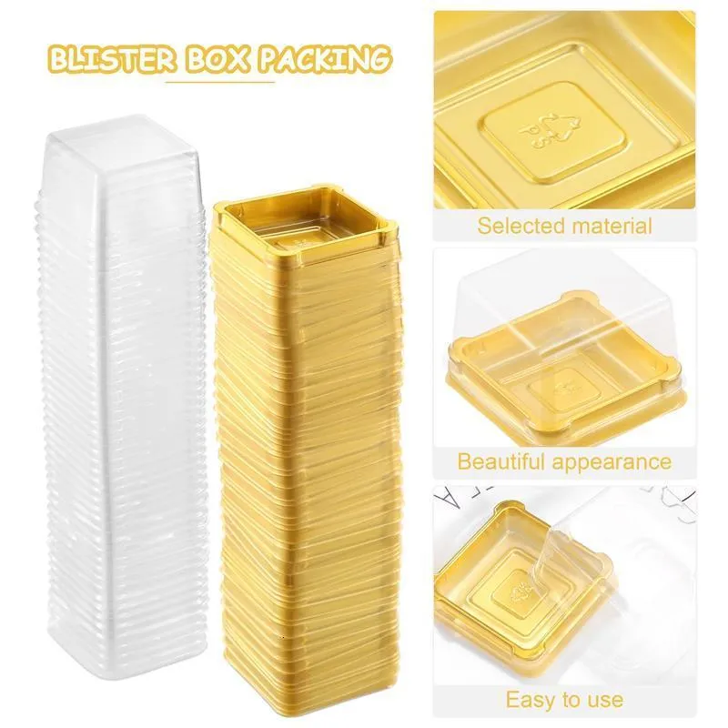 Geschenkverpakking UPKOCH 50 stks Plastic Vierkante Maan Cake Dozen Eigeel Bladerdeeg Container Gouden Verpakking Doos Vierkante Blister Eigeel Gebak Doos 230613