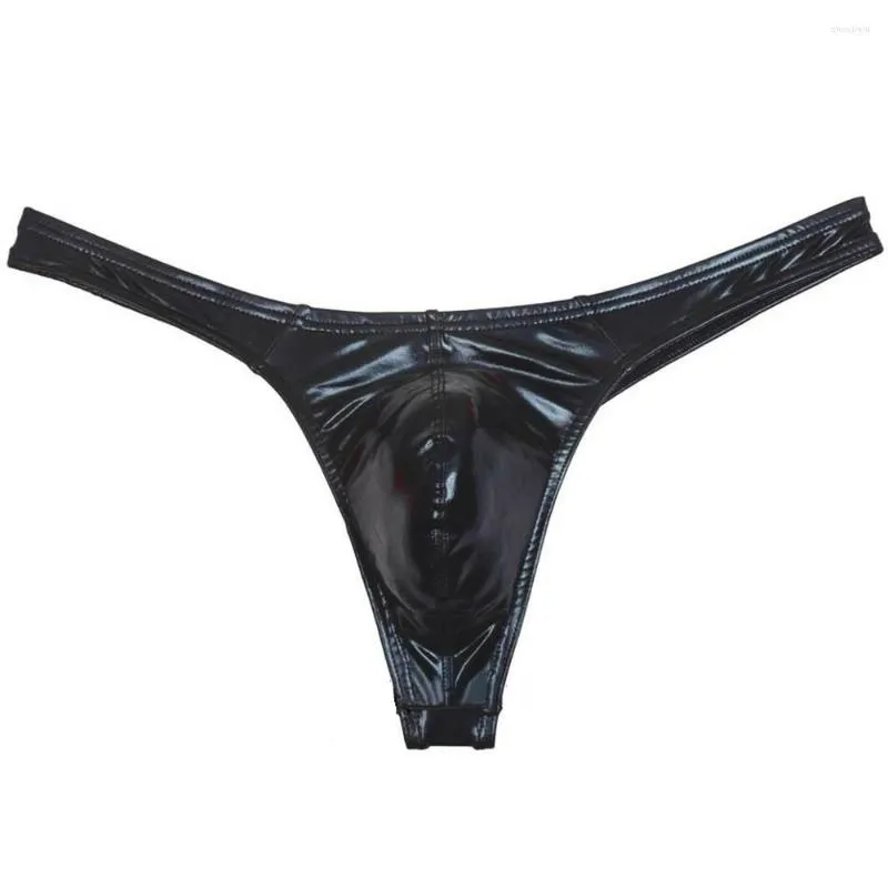 Underpants Sexy Men Oil Shiny Thong Leather Panties Like T-back Underwear Male Stretchy G-string Solid Mini Bikini Bulge Pouch Pants