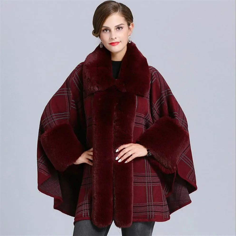 Female Faux fox fur check plaid tartan Cape Poncho Cardigan Knitting lady shawl stole wraps Sweater #41442349