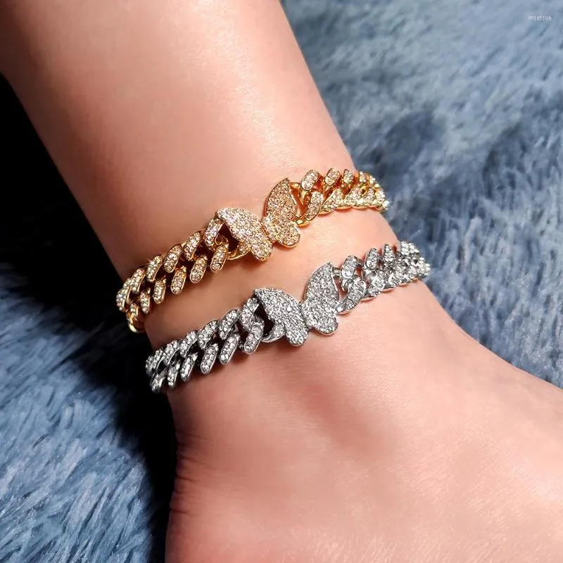 Cavigliere Cavigliera cubana con strass farfalla Bling per donna Bracciale punk con catena alla caviglia con maglie lucide ghiacciate Gioielli alla moda