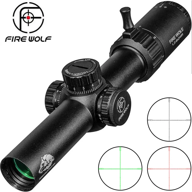 FIRE WOLF 1.2-6X24 IR Tactical Riflescope Airsoft Scope para Caça Rifle Óptico Red Green Illumination Range Mira