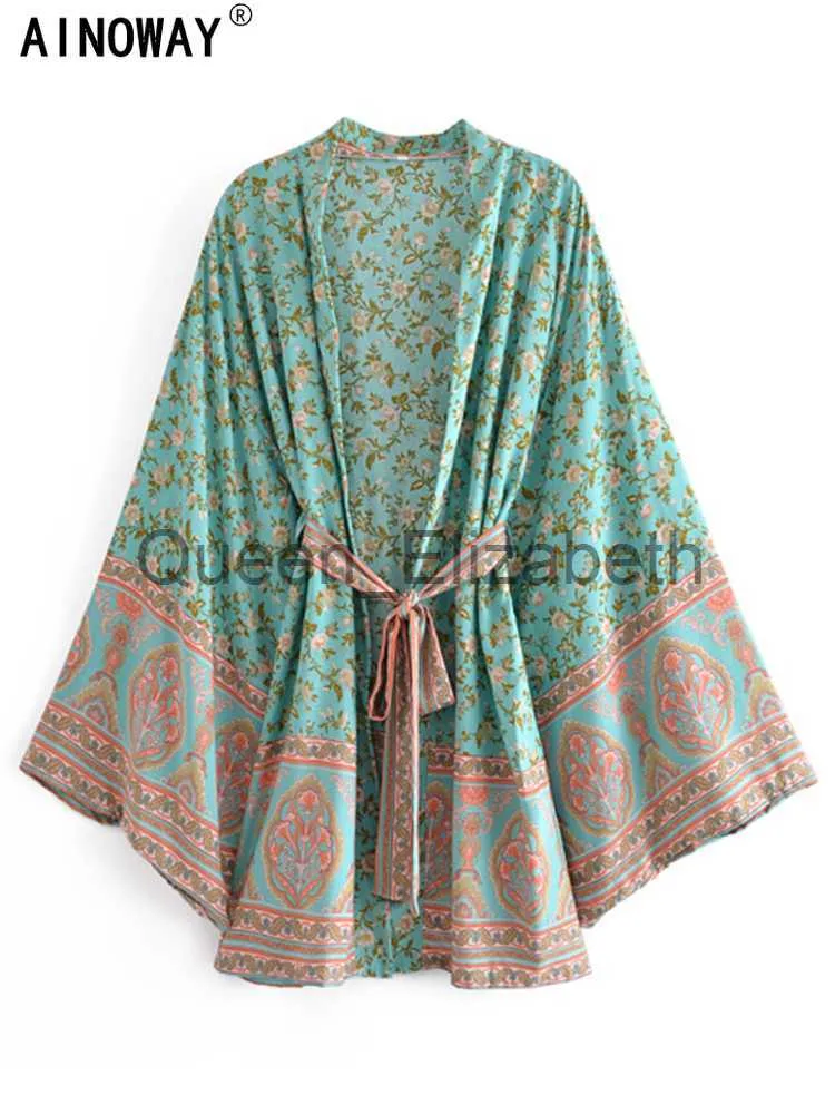 Casual Dresses Boho Vintage Multi Floral Print Sashes Kimono Women bohemian V Neck batwing Sleeves rayon cotton happie short robe Cover-ups J230614