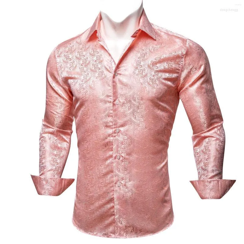 Mäns casual skjortor herrkorall rosa män silkskjorta mode långärmad vridning krage paisley fit party busines barry.wang cy-626