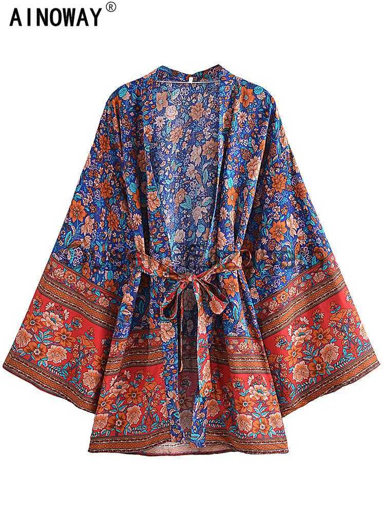 Casual Dresses Vintage Floral Print Sashes Rayon Cotton Bohemian Kimono for Women Batwing Sleeves Happie Short Robe Boho Bikini Cover-ups J230614