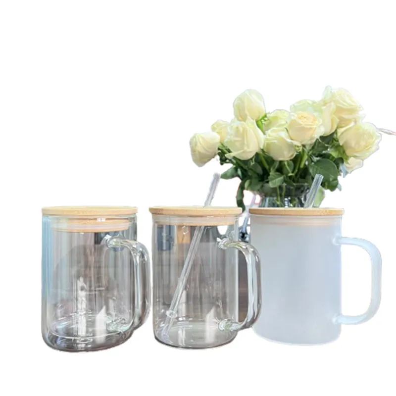 16oz Sublimation Glass Mugs Heat Transfer Blank Travel Outdoor Tumblers with Handle Bamboo Lid and Straw