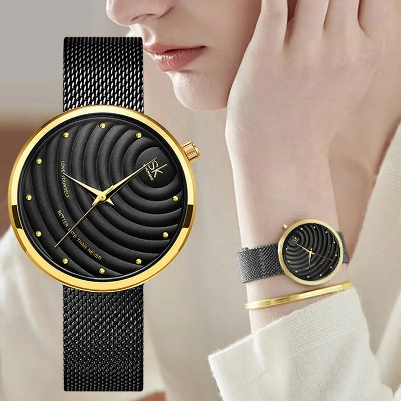 Нарученные часы Relogio feminino Fashion Women Watch The Black Steel Mesh Quartz Watch для простого элегантного волнистого набора