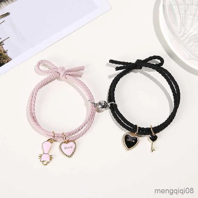 Bracelets 2PC/Set Heart Magnetic Couple For Women Men Romantic Love Cat Pendant Braided Bracelet Friendship Jewelry Gift R230614