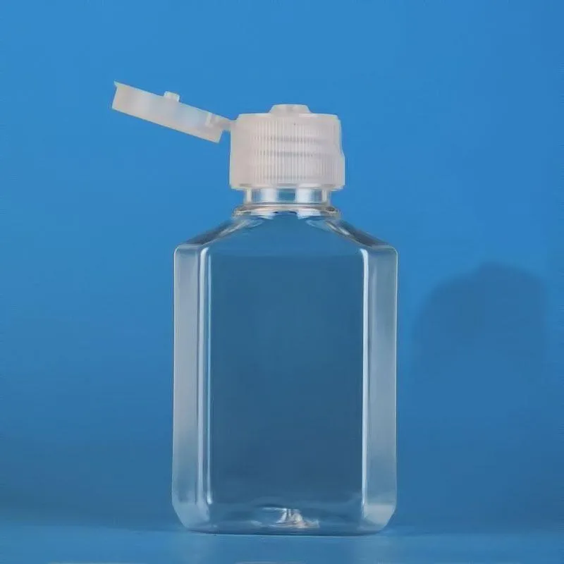 Bouteille en plastique PET désinfectant pour les mains de 50 ml avec bouchon à rabat bouteille de forme carrée transparente pour cosmétiques désinfectant pour les mains jetable Wodex
