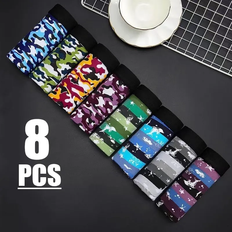 Underpants 8pcs/Lot Men's Underwear Fashion Trend Comfortable Soft Fabric Boxer Shorts Mid Waist Striped Camouflage Breathable Boxer Shorts 230613