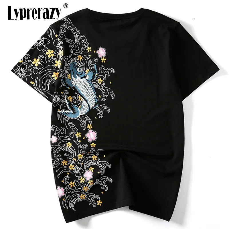 Mens Polos Lyprerazy Retro Japan Embroidery T Shirt Koi Fish Print White Tops Tees Summer Harajuku Men Hip Hop Tshirt Streetwear TShirt 230614