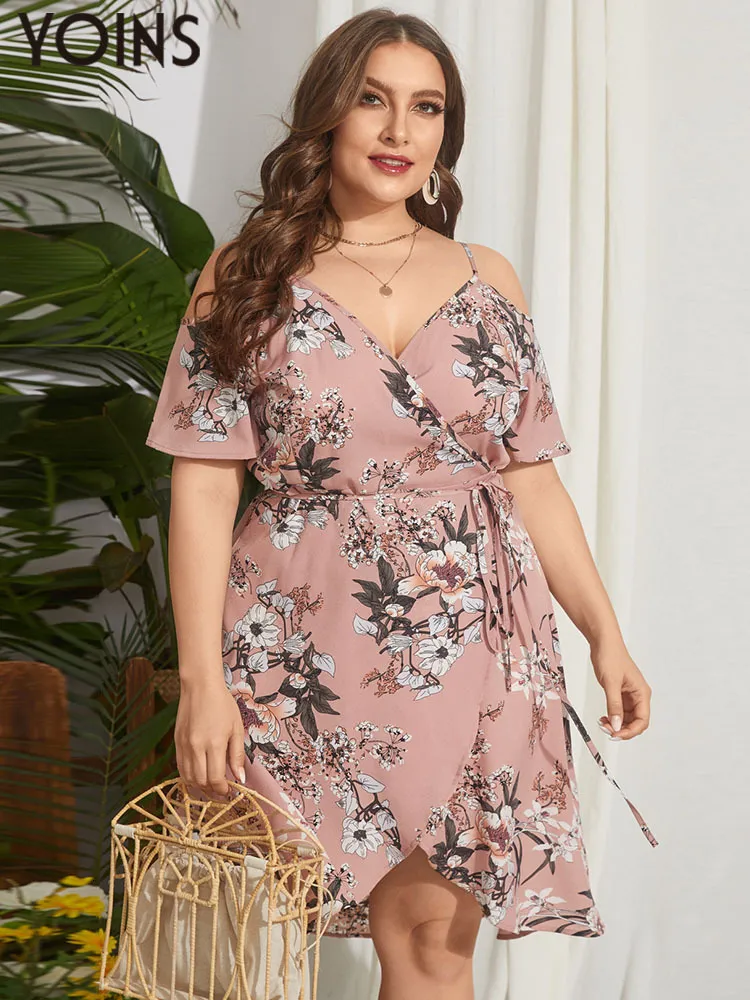 Plus size Dresses YOINS 2023 Women Summer Dress Size Short Sleeve Floral Print Spaghetti Strap Off Shlouder Vestidos Casual Sundress L5XL 230613