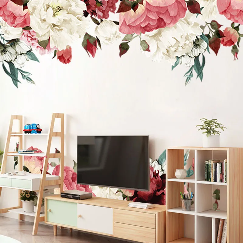 2PCS=1sets 3D Chinese Style Peony Stickers Flower Baseboard wall Sticker For Living Room Bedroom Furniture Wall Decal 45*60CM*2