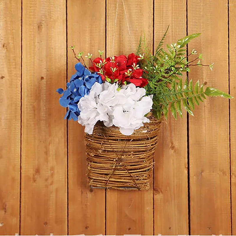 Flores decorativas Dia da Independência Americana Hortênsia Pendurado na Parede Garland Cesto de Flores Artificiais Comemoração Decoração de Festa