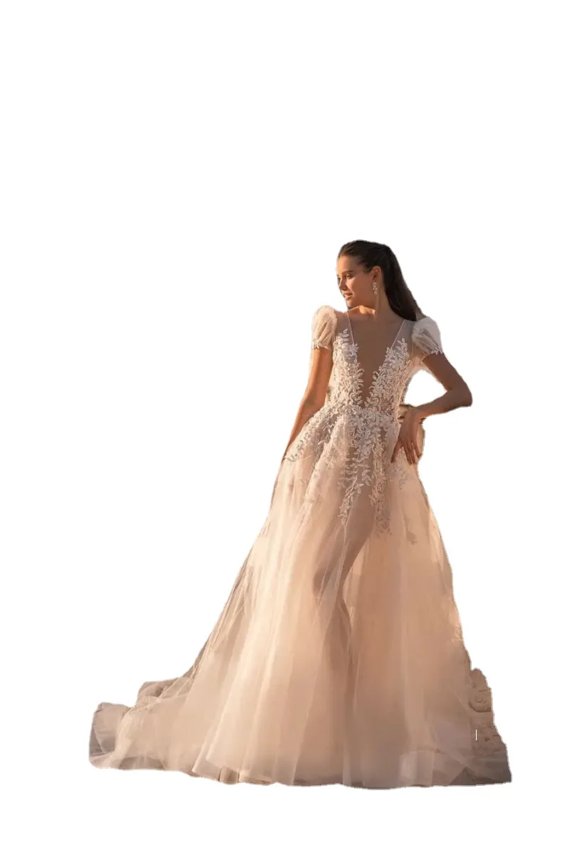 Abiti da sposa con applicazioni di pizzo Boho Abiti da sposa Sexy Berta Manica corta Tulle Country Western Vestido De Novia