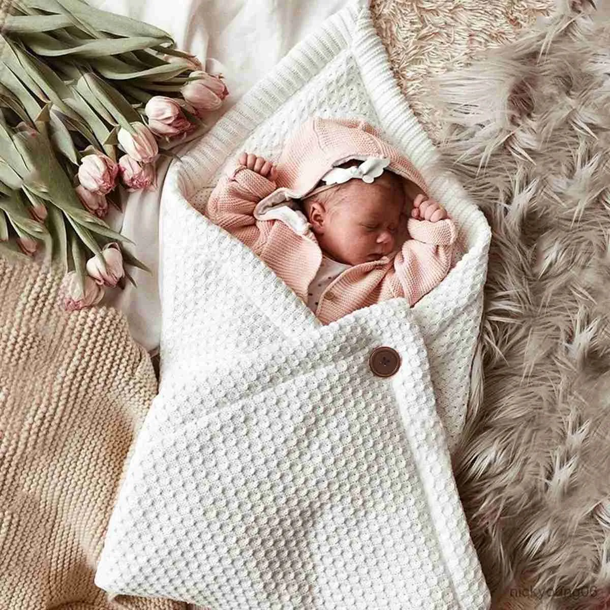 Sacs de couchage chaud bébé couverture nouveau-né lange d'emmaillotage doux infantile sac tricoté enveloppe pour accessoires réception R230614