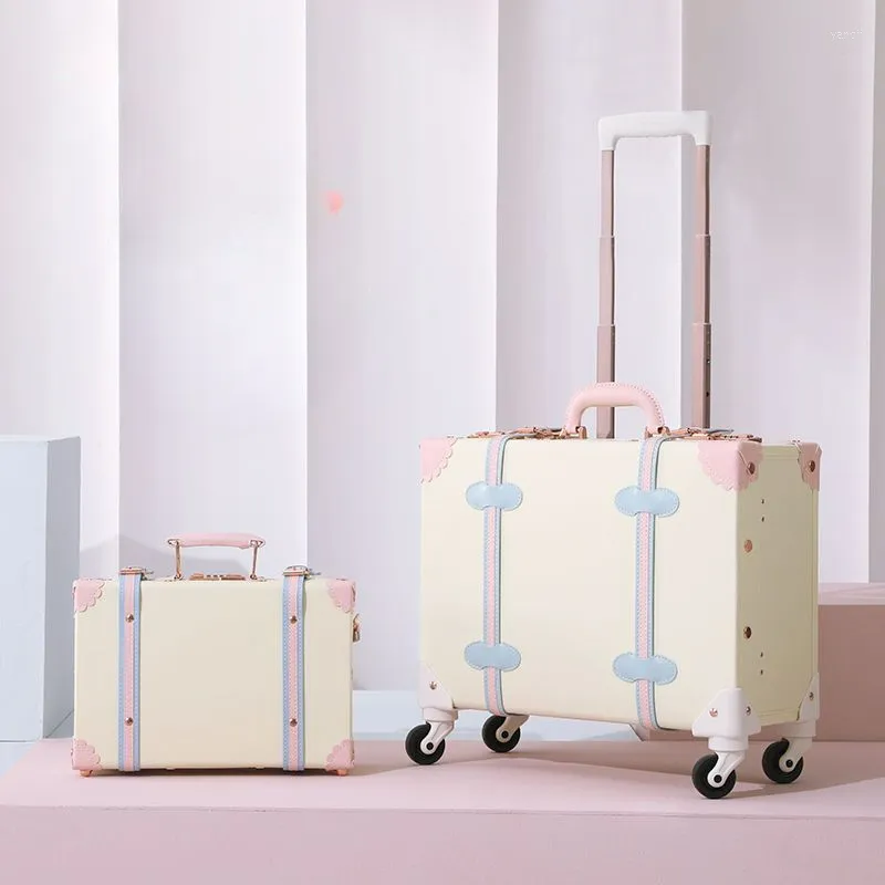 Suitcases Travel Suitcase On Wheels Set Retro 18 Inch Trolley Luggage Bag Fashion Women Carry Handbag Valises