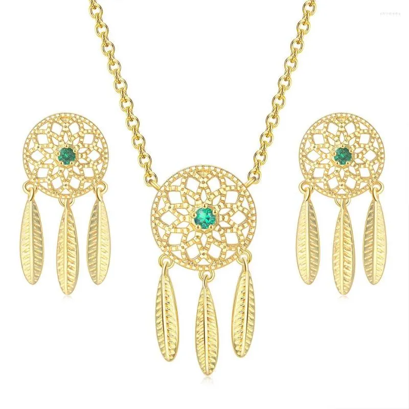 Ketting Oorbellen Set ZHOUYANG Dromenvanger Sets Voor Vrouwen Retro Etnische Groene Zirkoon Licht Goud Kleur Kwastje Oorbel Mode-sieraden S524