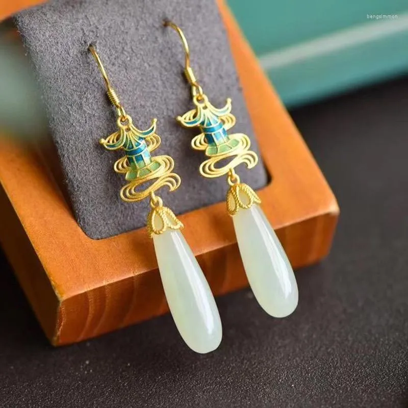 Dingle örhängen forntida guldhantverk inlagd naturlig Hetian Jade Pendant Emalj Porslin Lång kinesisk stil Retro Charm Ladies Jewelry
