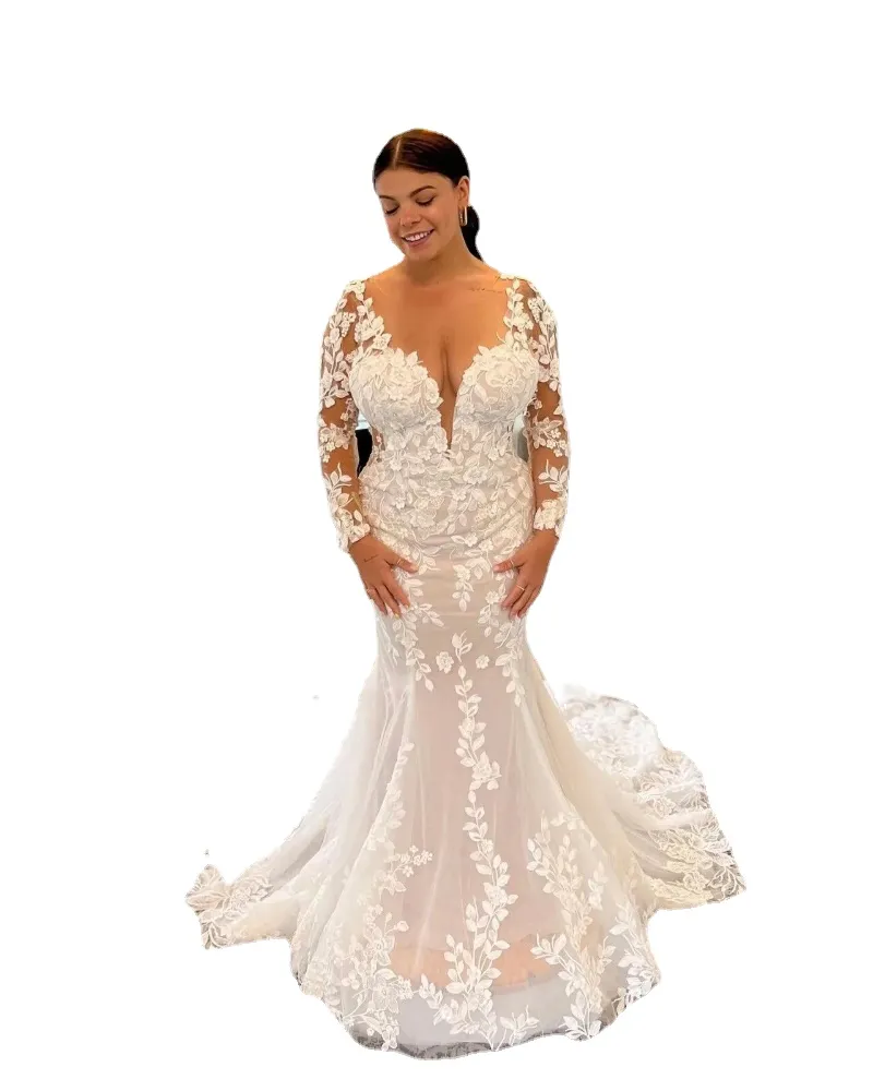 Plus Size Boho Wedding Dress With Appliques Lace Long Sleeve Mermaid Church Bridal Gowns Court Train Beach Women Chic Bride Dresses Appliques vestido de noiva