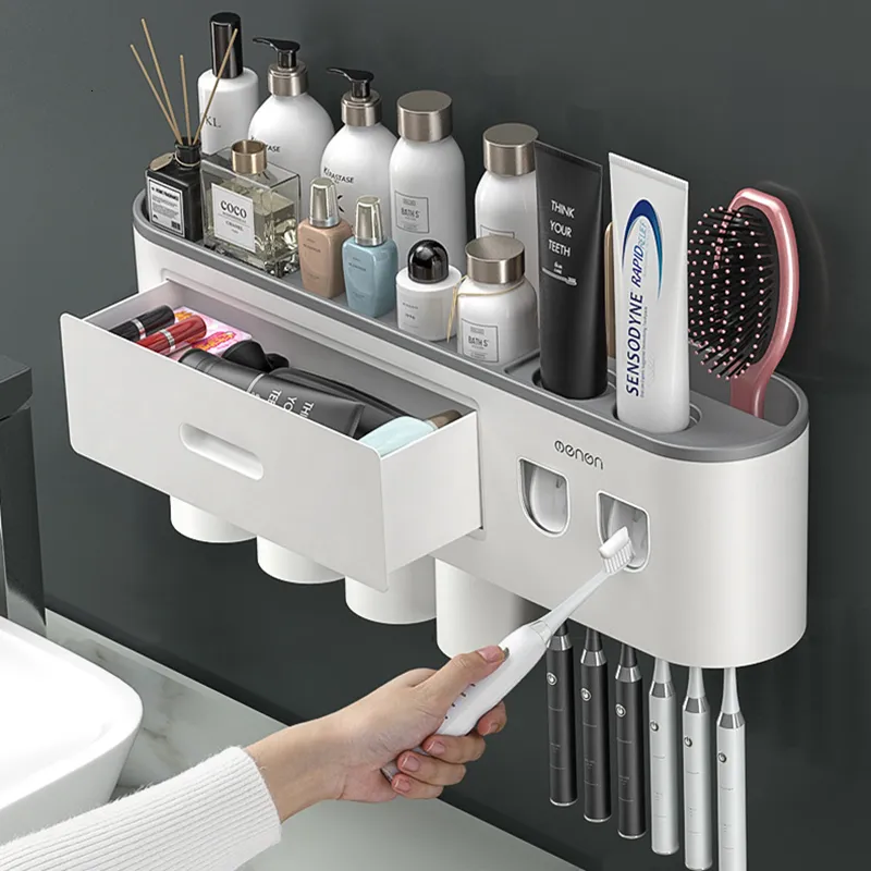 Toothbrush Holders Magnetic Adsorption Inverted Toothbrush Holder Automatic Toothpaste Squeezer Storage Rack with Gargle Cup Bathroom Accessories 230613