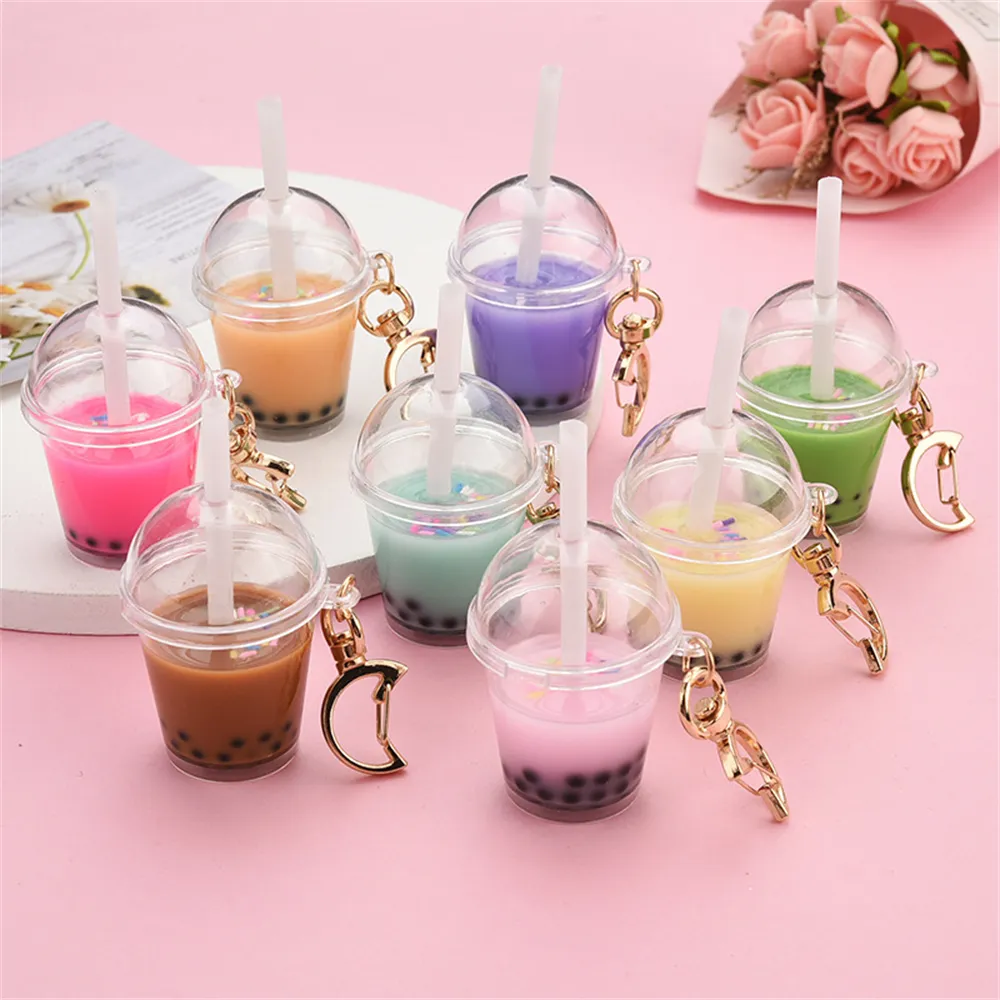 Funny Boba Tea Cup Keychain Straw Mini Milk Bottle Keyring Cute Bag Purse Ornaments Car Trinket Key Ring Pendant Accessorie JN13