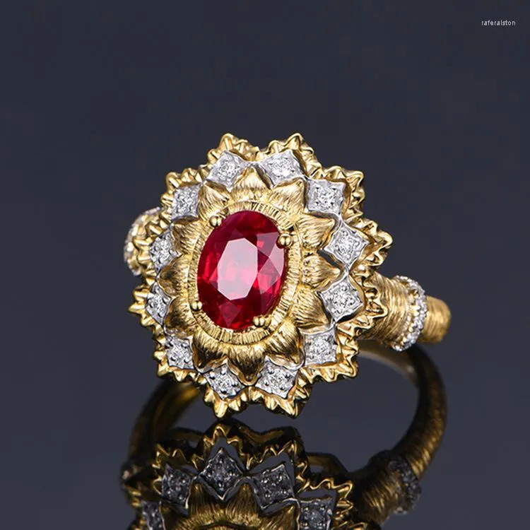 Klusterringar 14k guld rubin ring för kvinnor fina anillos de röda ädelsten smycken anel kvinnor trendiga ursprung stengul