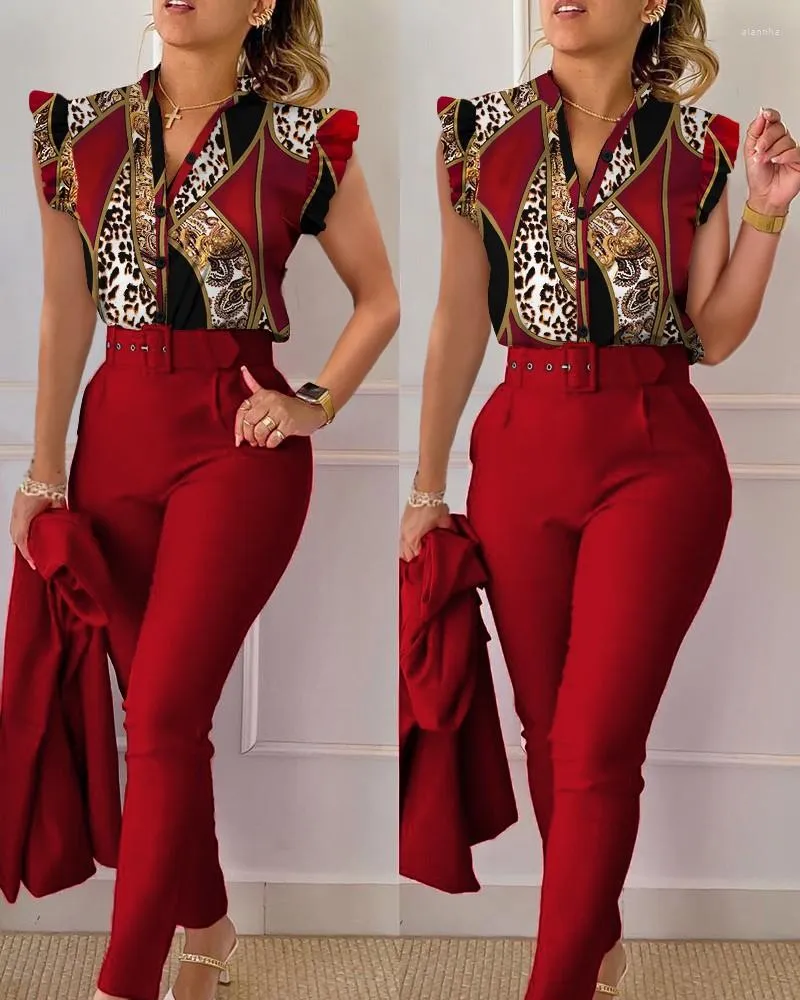 Femmes deux pièces pantalons Chic ensemble femmes 2023 en imprimé bouton volant chemise ceinture élégant Slim Fit bureau dame été Blouses costumes