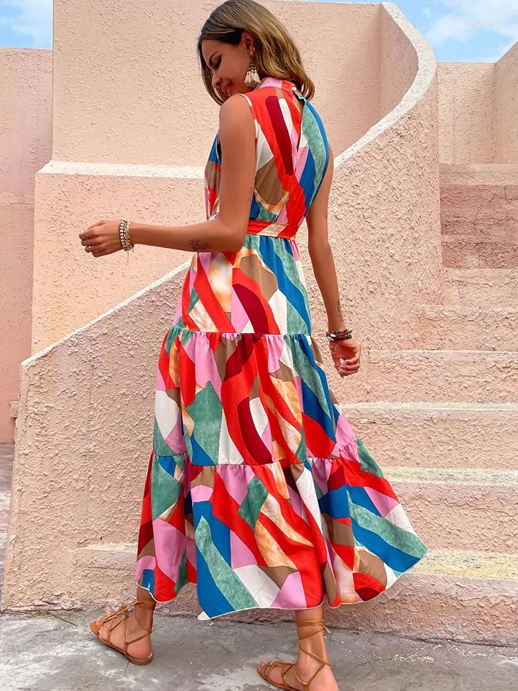 Summer Fashion Print Sleeveless Long Dress with Ruffle Big Hem for Women - Perfect for Casual, Beach, and Holidays