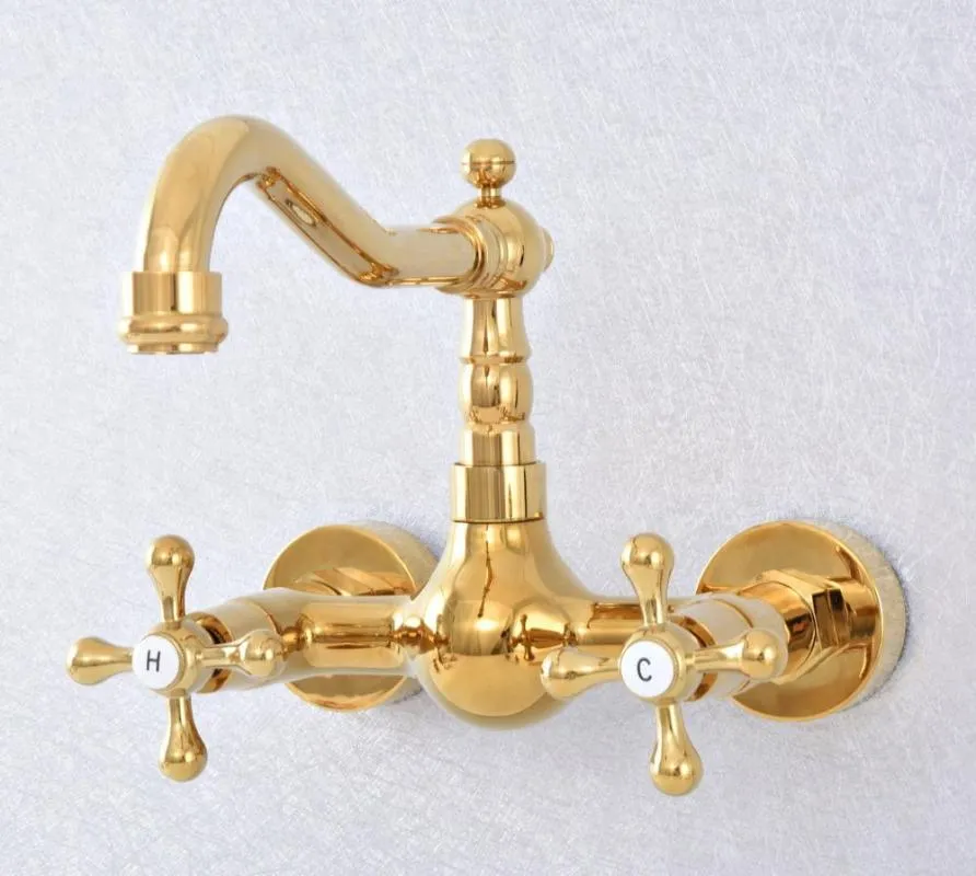 Bathroom Sink Faucets Luxury Gold Polished Brass Wall Mounted Dual Cross Handle Swivel Spout Basin Mixer Tap & Kitchen Faucet Lsf621