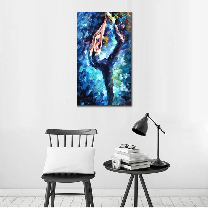 Figure vibrante peinture à l'huile danseuse en robe bleue fait à la main toile Art contemporain Loft Decor