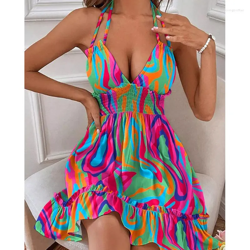 Vestidos casuales mujeres elegantes sin mangas cuello en V cintura alta Mini Boho espalda descubierta Sexy Halter Ruffles Sundresses verano playa Vestidos