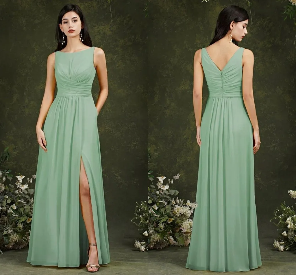 Sage A Line Chiffon Bridesmaid Dresses For Wedding Long Floor Length Pleated Girl Formal Party Prom Gowns Sexy Side Split Plus Size Maid Of Honor Robe de Soiree CL2445