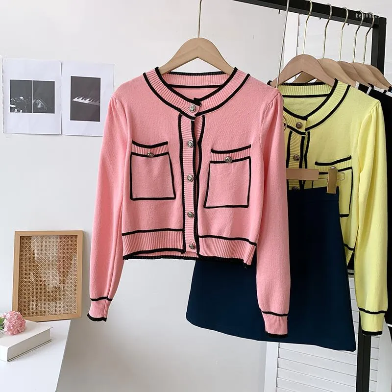 Kvinnors stickor 2023 Sweters For Women Cardigan Woman Sticked Sweaters ColorBlock Sweet Patchwork V-Neck Kvinnliga utkläder toppar Autumn