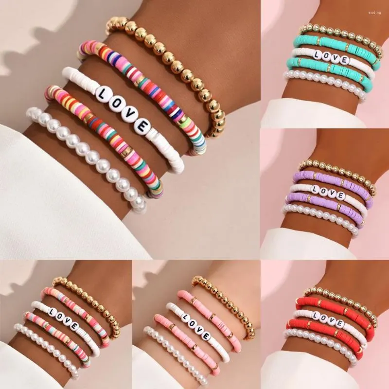 Charm-Armbänder, 5 Stück/Set, bunt, stapelbar, Liebesbrief für Frauen, weicher Ton, Keramik, Schichtung, Freundschaft, Perlenkette, Armreif, Boho-Schmuck