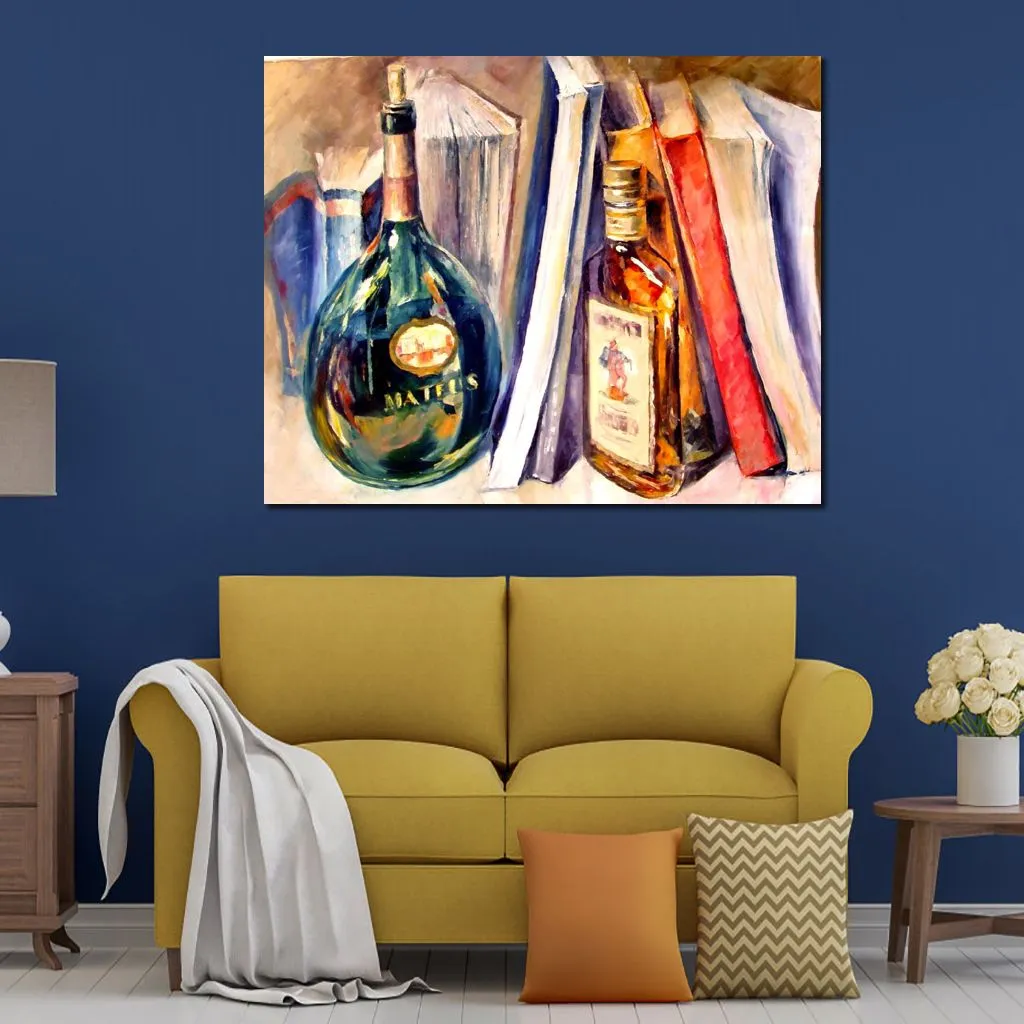 Stunning Still Life Canvas Art Bottles and Books Hand Painted Modern Painting Lobby Decor