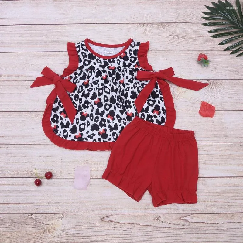 Kleding Sets 2023 Zomer Mouwloze Meisjes Jurk Zwart Gedrukt Patroon Ronde Hals Rood Pak Leuke Strik Versierd Baby Meisje kleding