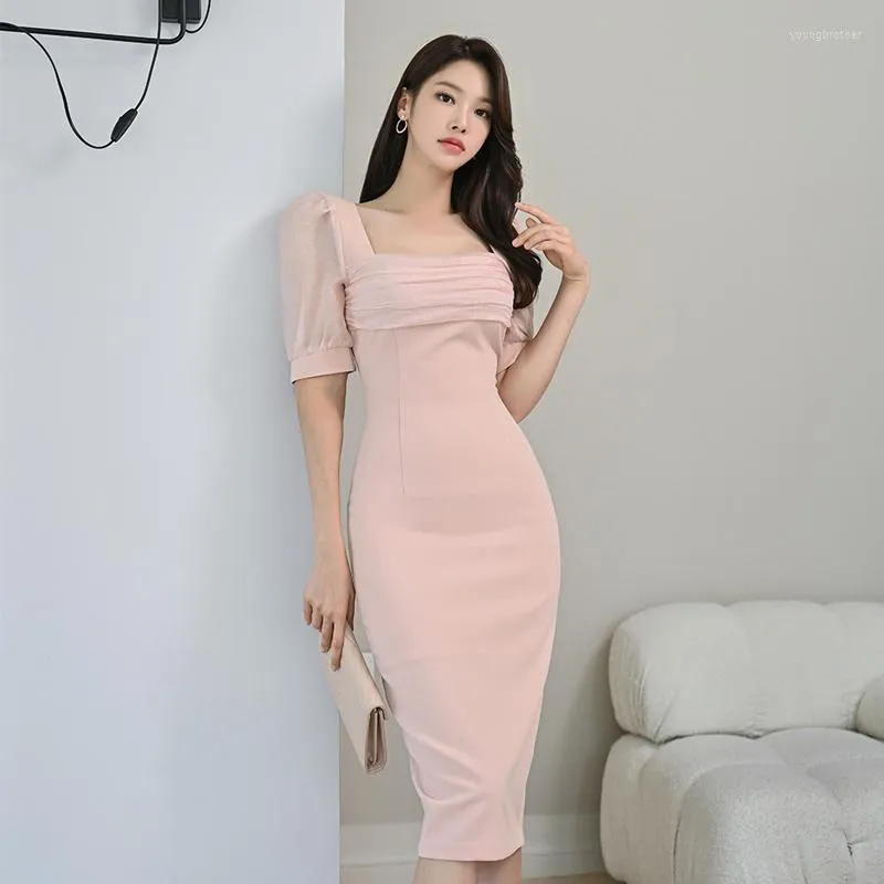 Party Dresses Elegant Formal Dress Pink Mesh Stitching Bubble Sleeve Pencil 2023 Summer Slim Bodycon Office Lady Lady