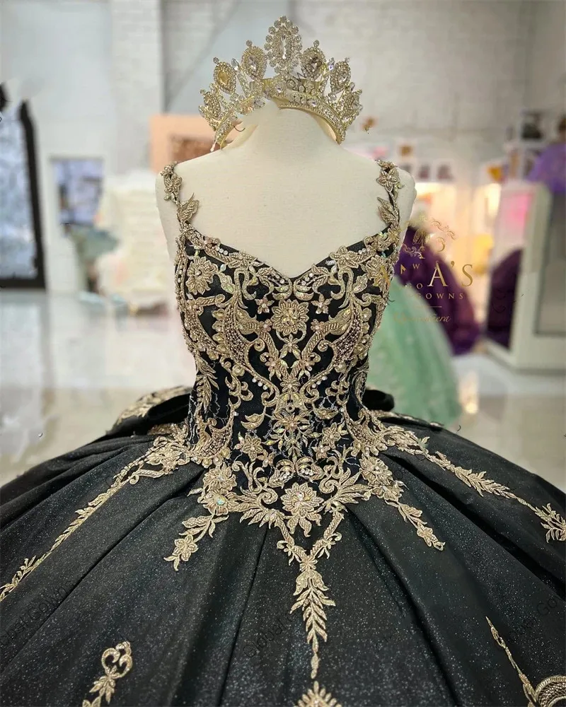 gold appliques for dresses A-Line Tulle Black Long Prom Dress, Black Tulle Formal Evening Dress –  shdress main image 0