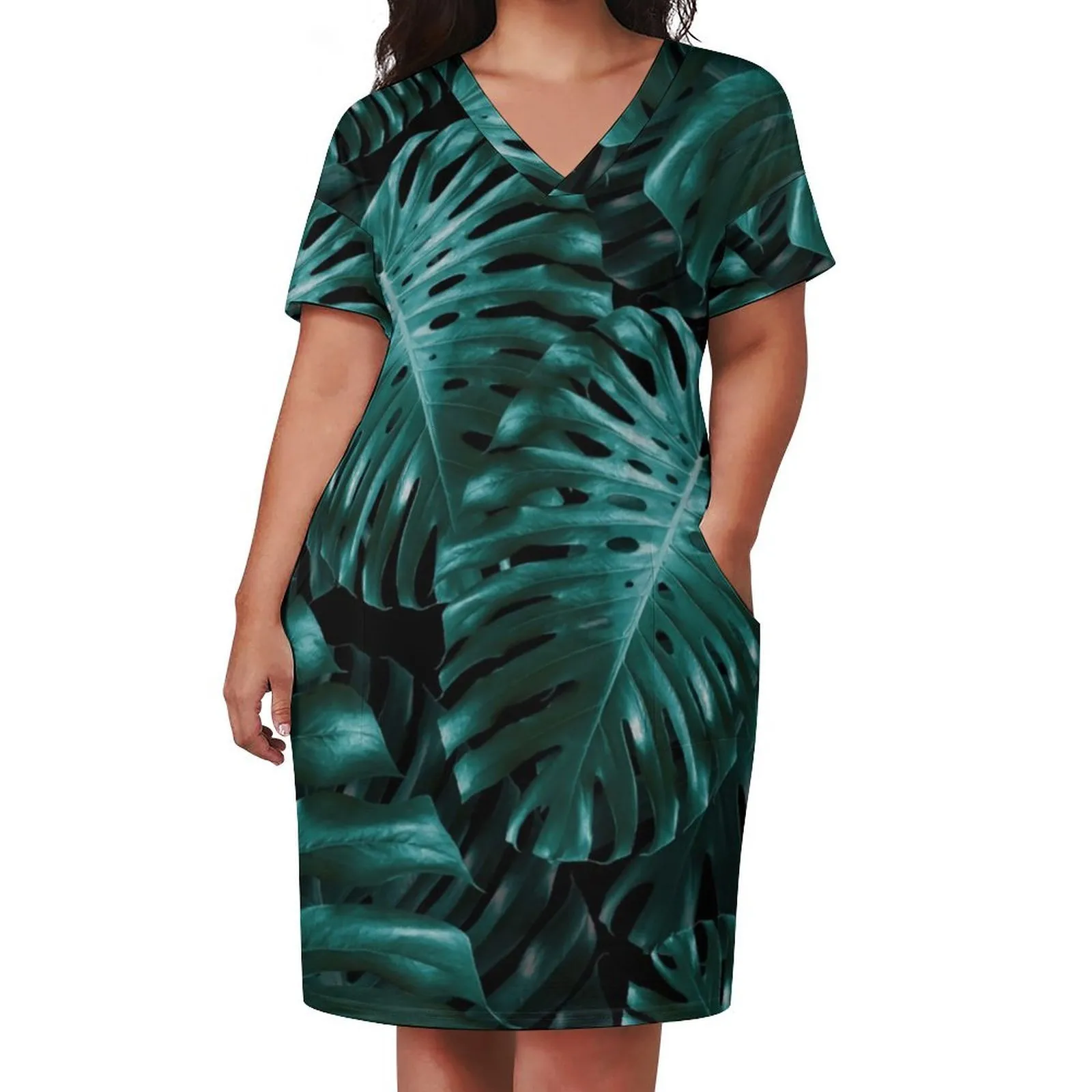 Plus size Dresses Tropical Monstera Casual Dress Woman Jungle Night Leaves Vintage Holiday V Neck Street Wear Pattern Size 230613