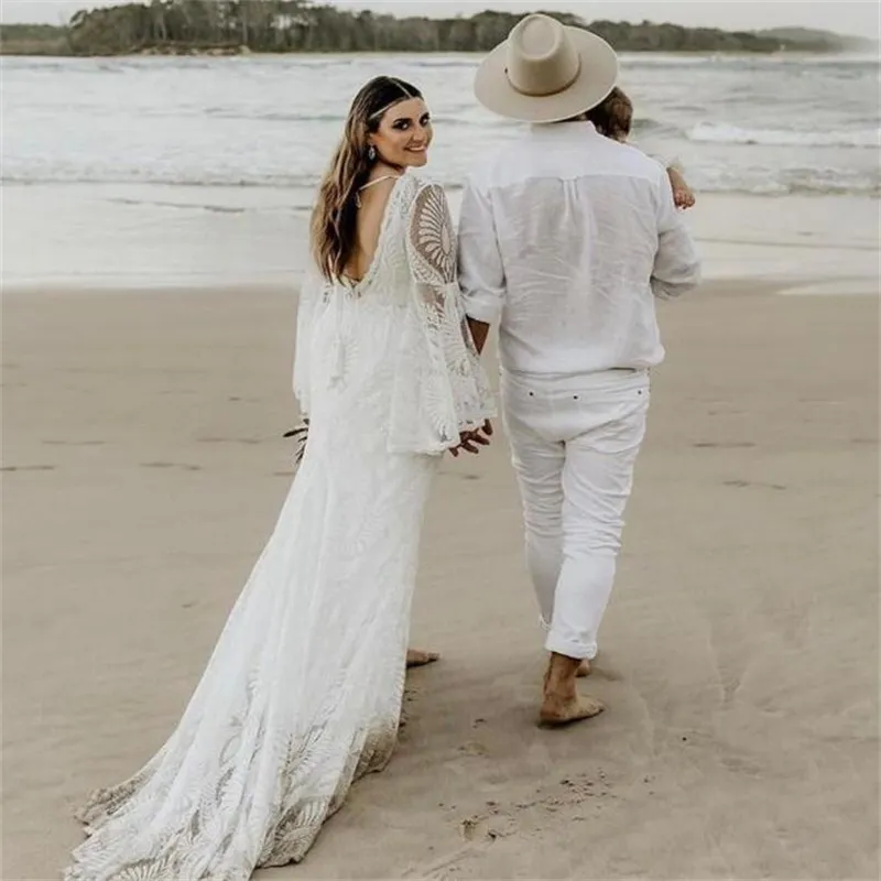 Plus Size Abito da sposa in pizzo spiaggia 2023 Elegante manica lunga sirena Boho Abiti da sposa civili Flare Country Bohemian Backless Vestidos De Novia Boho Robes Mariee