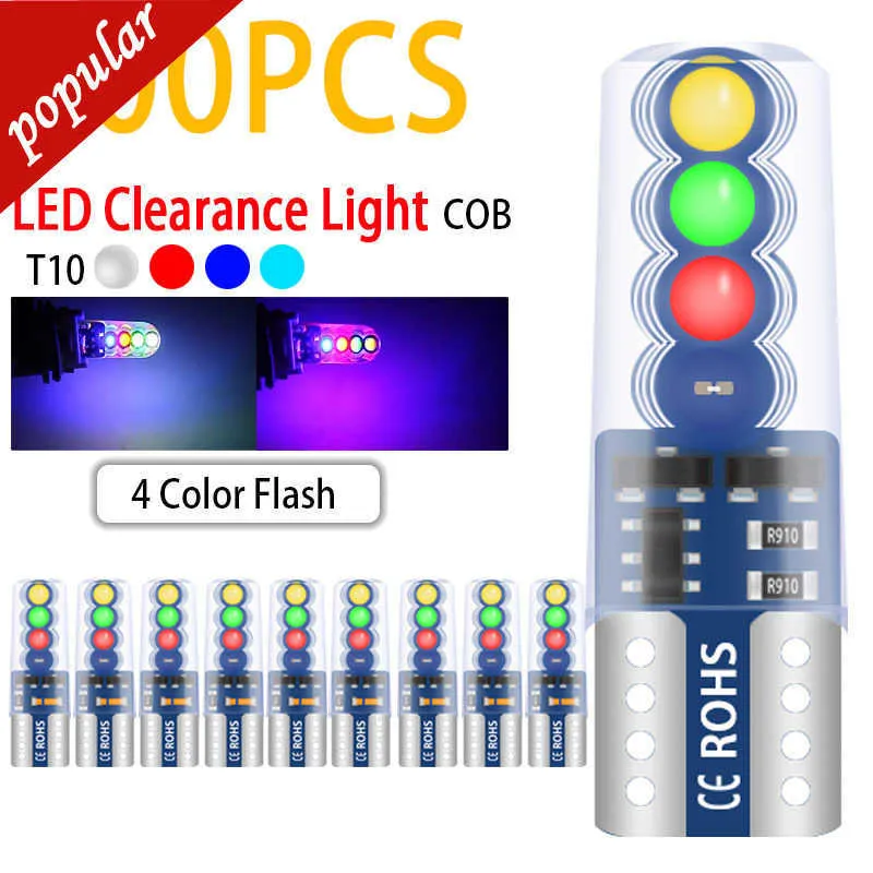 NYA 200st T10 W5W LED -glödlampa 8SMD COB 194 168 2825 BIL Flash/Strobe Reading Side Wedge Lamp Parking Clearance Glödlampor 12V 4 Färg