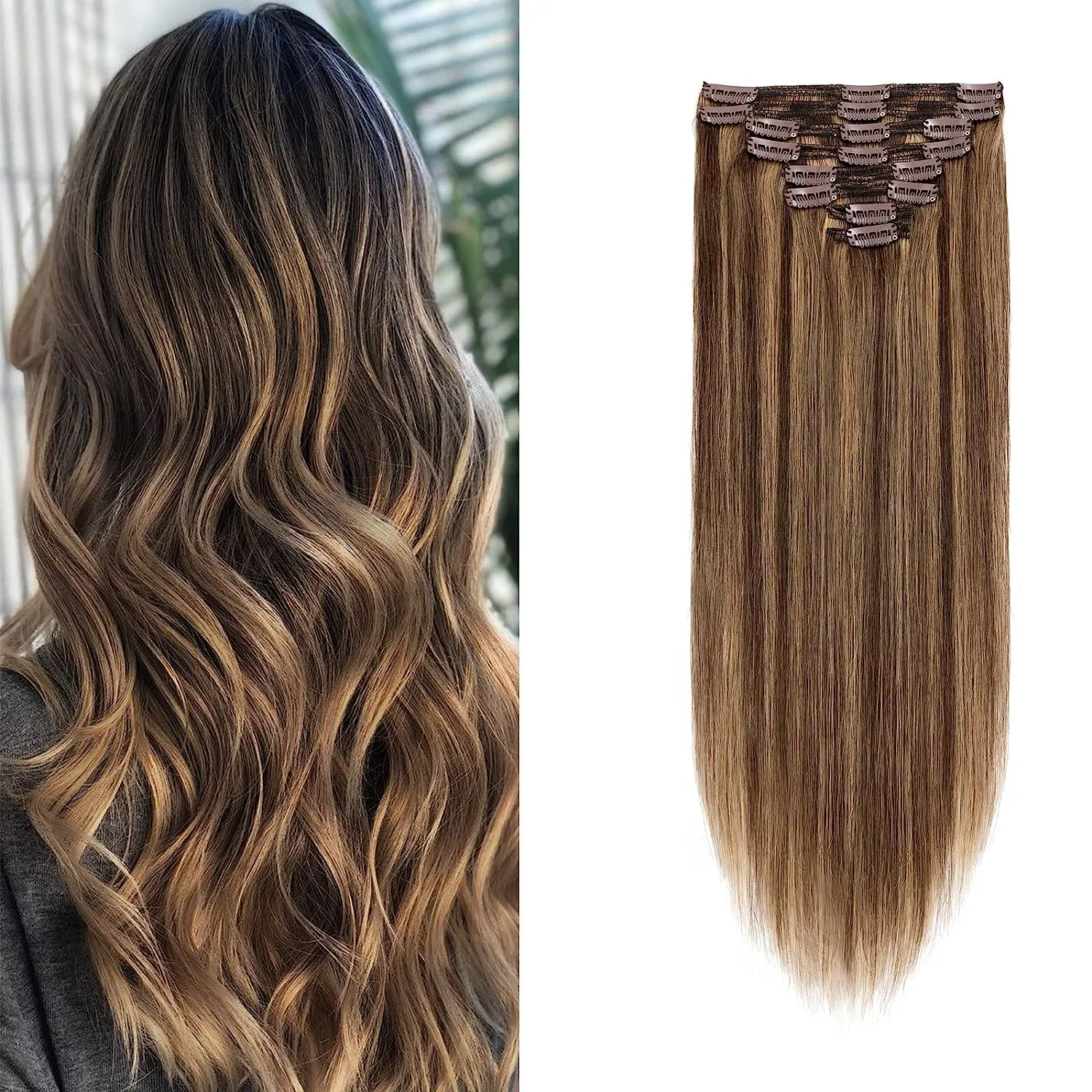 Klipp i hårförlängningar Remy Human Hair Highlights Color P4/27 Dubbel inslag Clip Ins -förlängning 120G