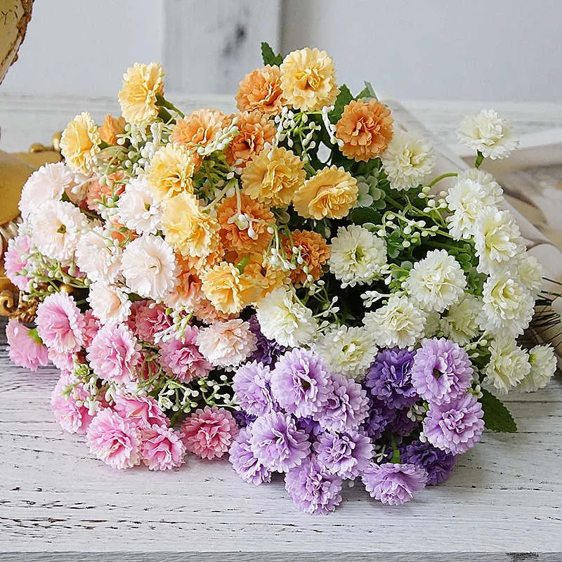 Torkade blommor rosa hortensia konstgjorda siden nejlika ros bukett falska för hem bröllop dekoration tillbehör växter växter