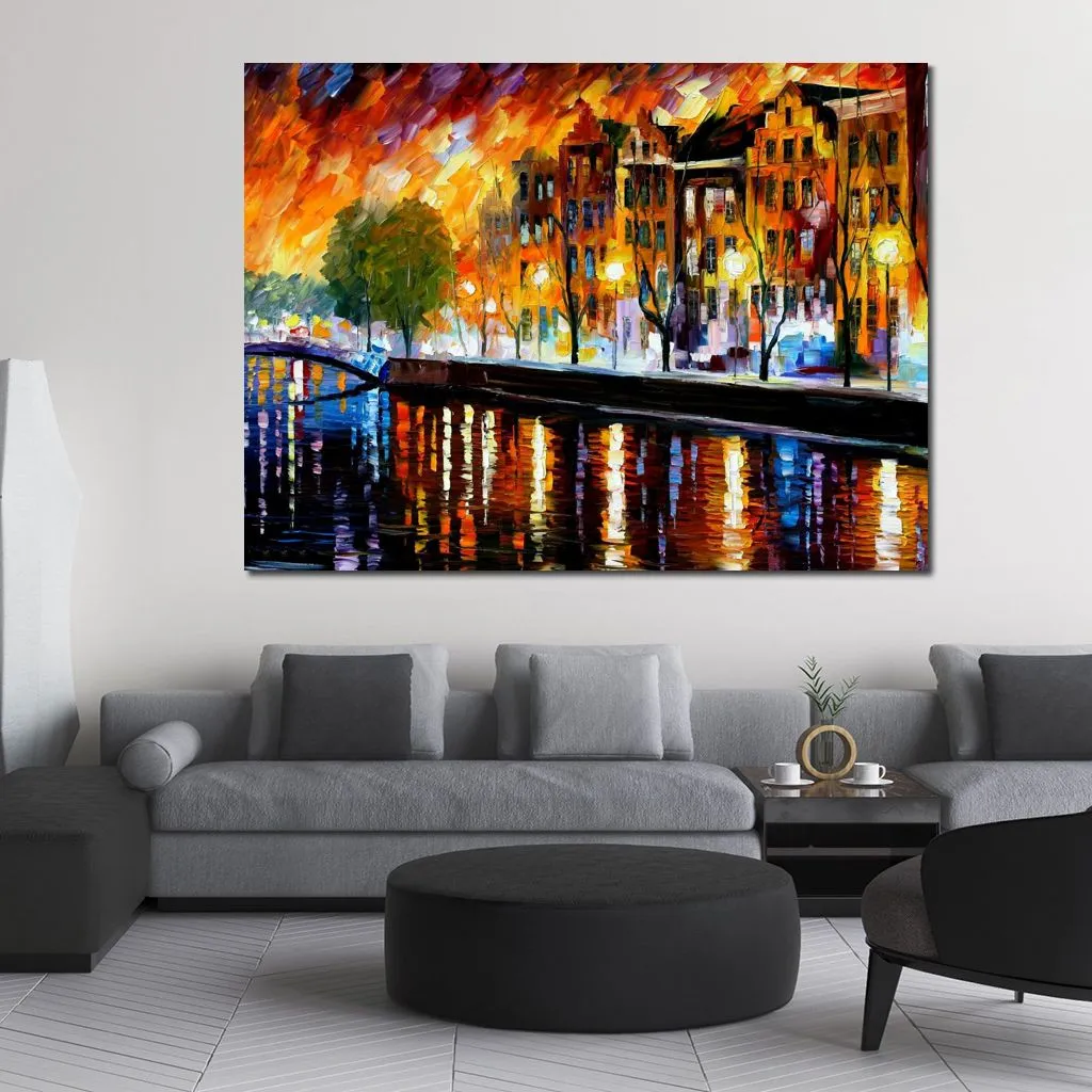 Contemporary Abstract Canvas Art Amsterdam Winter Reflection Handmade Landscape Oil Painting Living Room Wall Decor