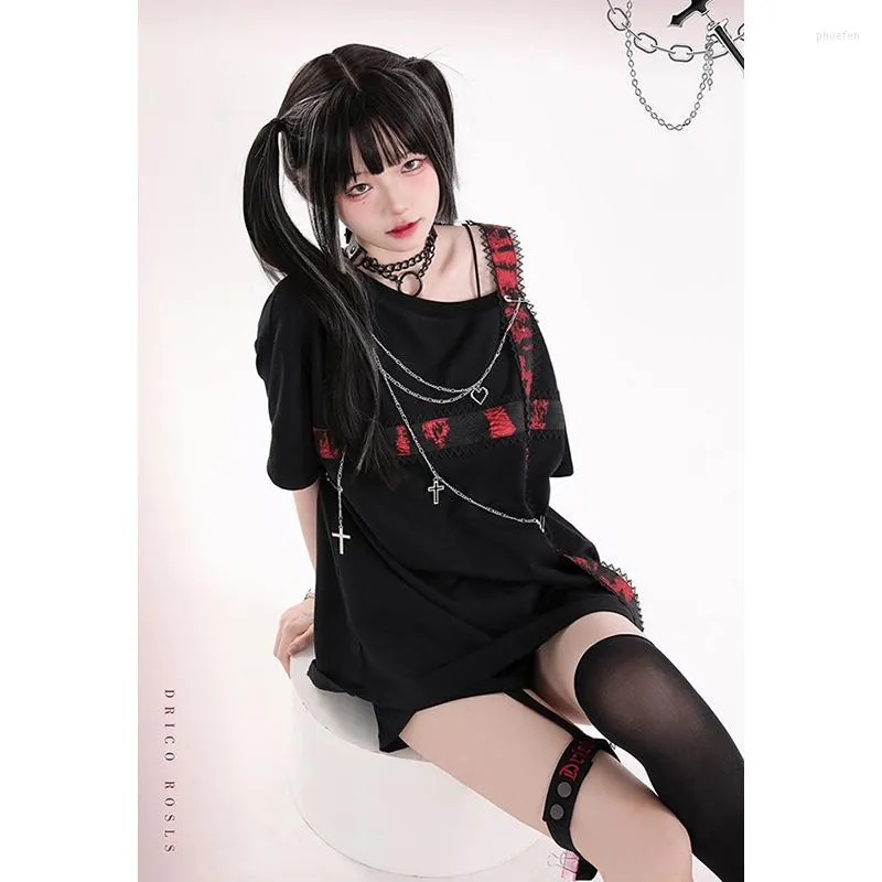 Camicette da donna Y2K T-shirt da donna gotiche nere Designer manica corta Harajuku Punk Streetwear Tops Kawaii E-Girls Camicetta 2023 Estate