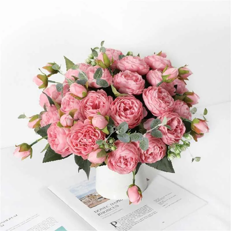 Fiori secchi 30 cm rosa rosa seta peonia bouquet artificiale testa grande tavola di nozze festa fai da te decorazione della stanza di casa