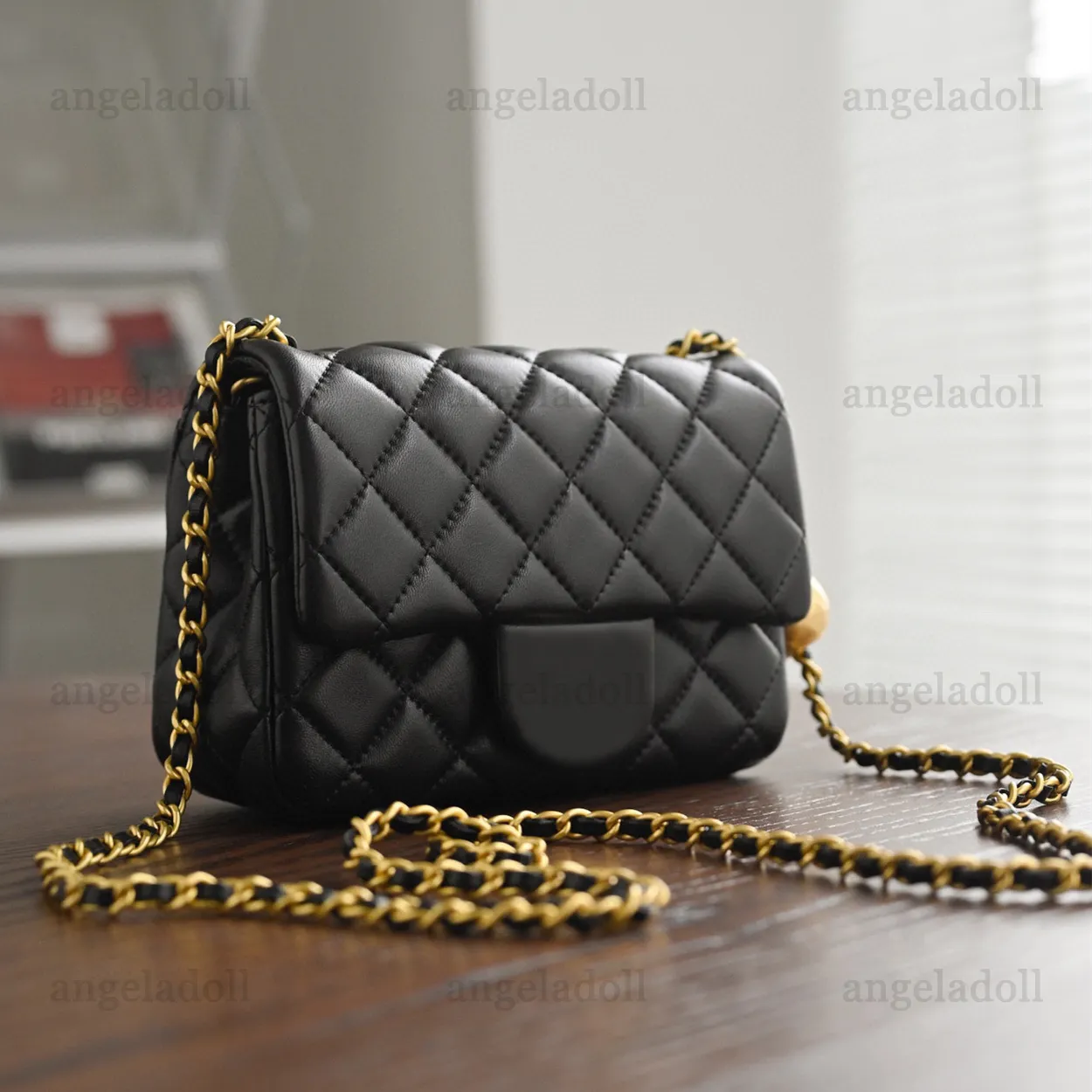 2024 Mini Square Pearl Crush Bags, Dames rechthoekige klep Gold Ball Bag, Luxe Black Lambskin Quilted Crossbody Purse