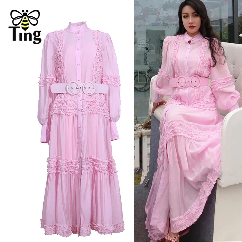 Basic Casual Dresses Tingfly Women Fashion High Quality Ruched Sinlge Breasted Long Party Dinner Dresses Lady Vintage Lantern Sleeve Elbise with Belt 230614