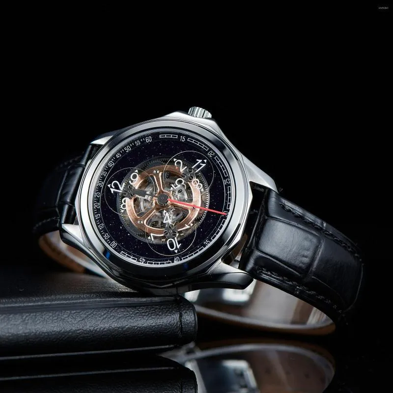 OBLVLO Sapphire Star Wheel Automatic Watch Luminous, Waterproof Leather  Mens Wristwatch Unique Creative Casual Timepiece