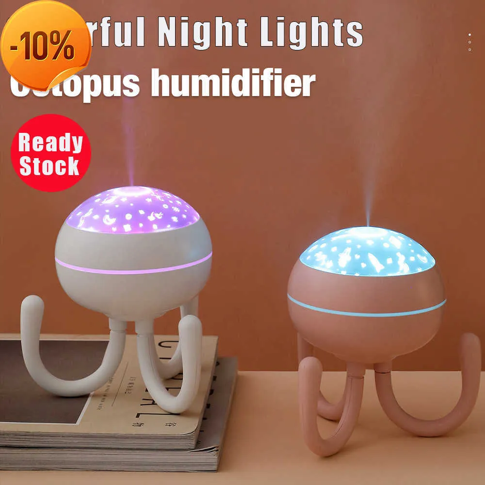 Ny bläckfiskfuktare USB mini luftfuktare Desktop Water Supply Atomizer Diffuser LED Projection Night 200 ml Light Mist Purifier